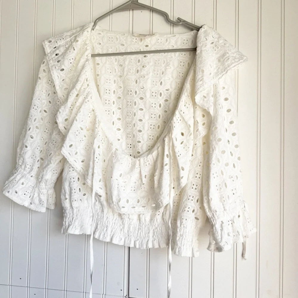 Anthropologie Porridge Size XS White Eyelet Ruffled Puff Sleeve Blouse